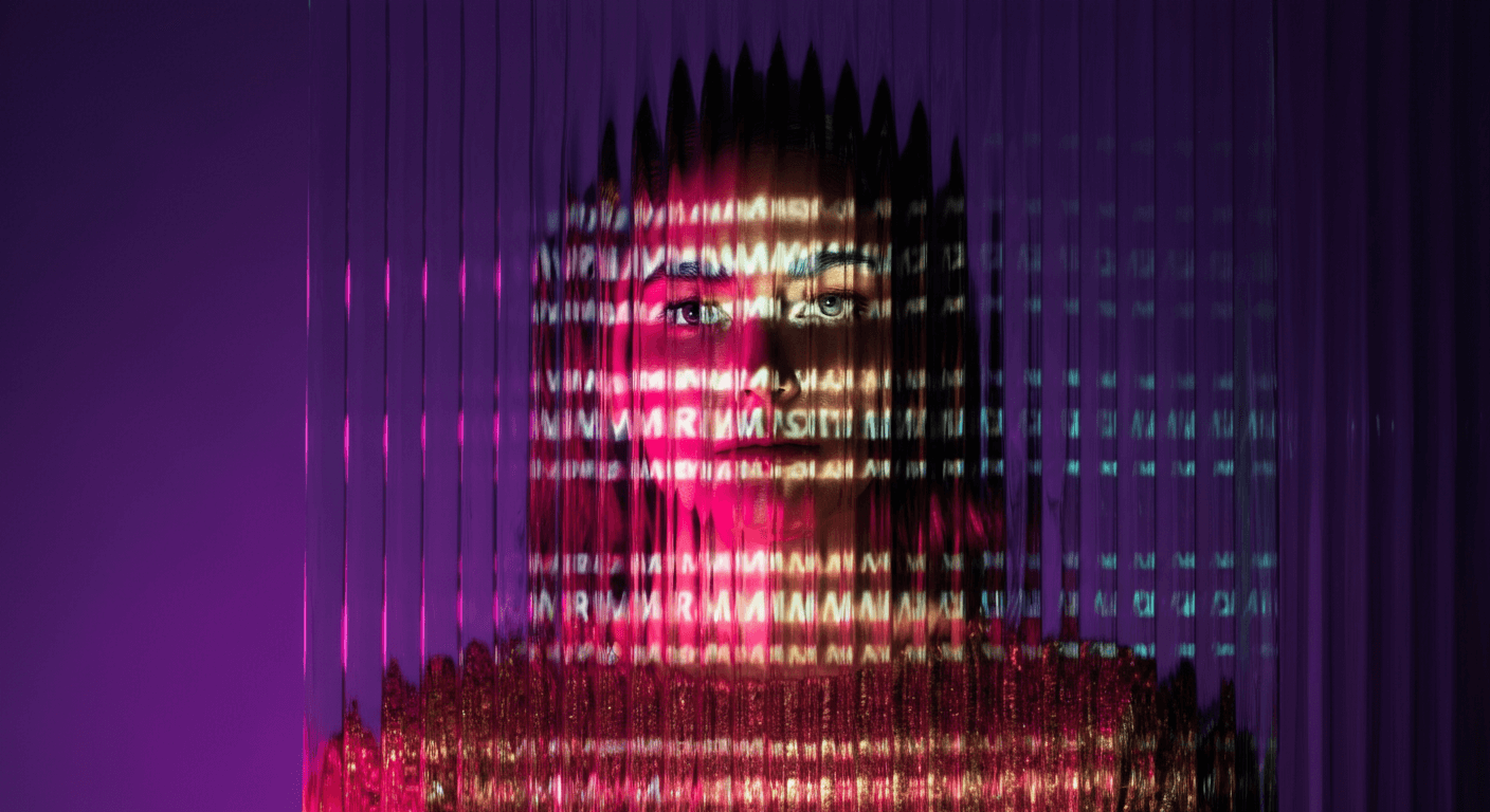 A woman’s face partially obscured behind a vertical textured glass panel, with projected letters and digital text patterns overlaying her face. The lighting is dramatic with vivid pink and purple hues, creating a futuristic and abstract atmosphere.